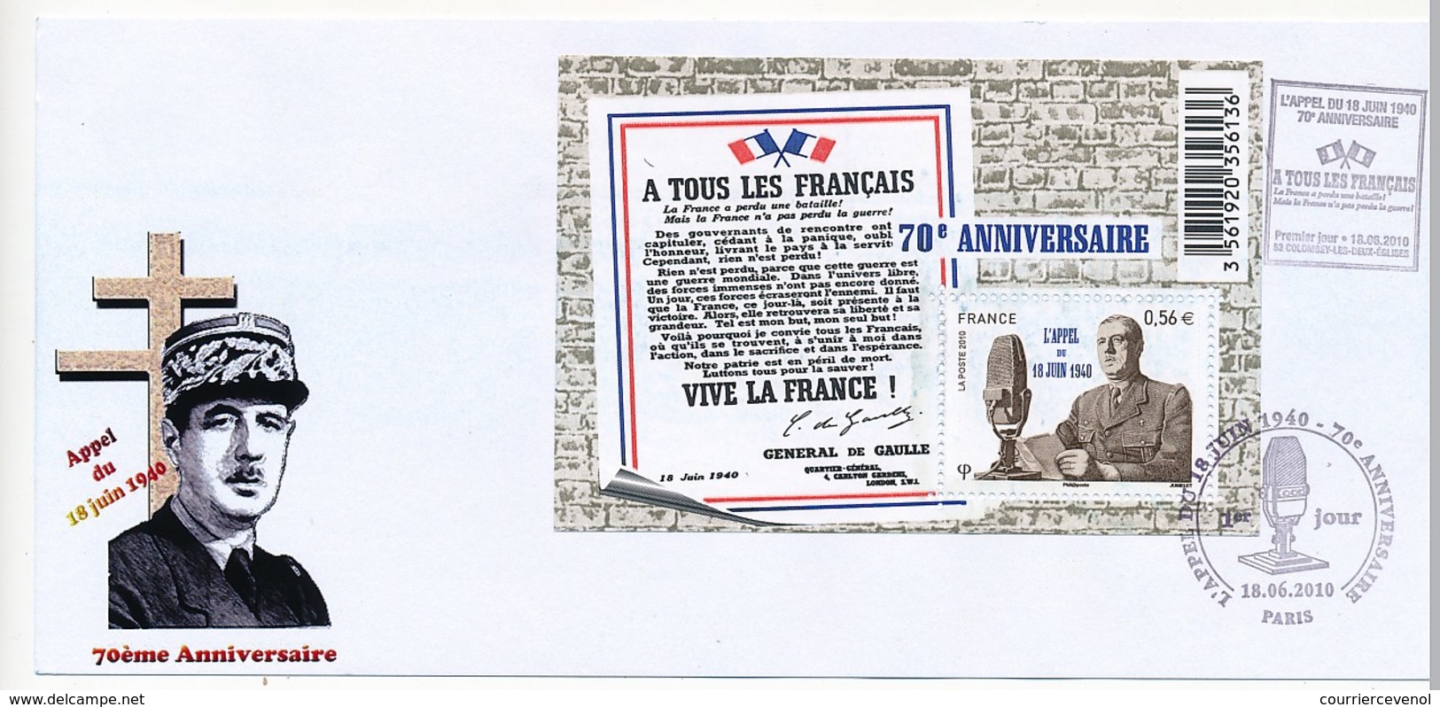 FRANCE - Carton - Premier Jour Bloc "L'Appel Du 18 Juin1940" - PARIS 18/06/2010 - De Gaulle (Generaal)