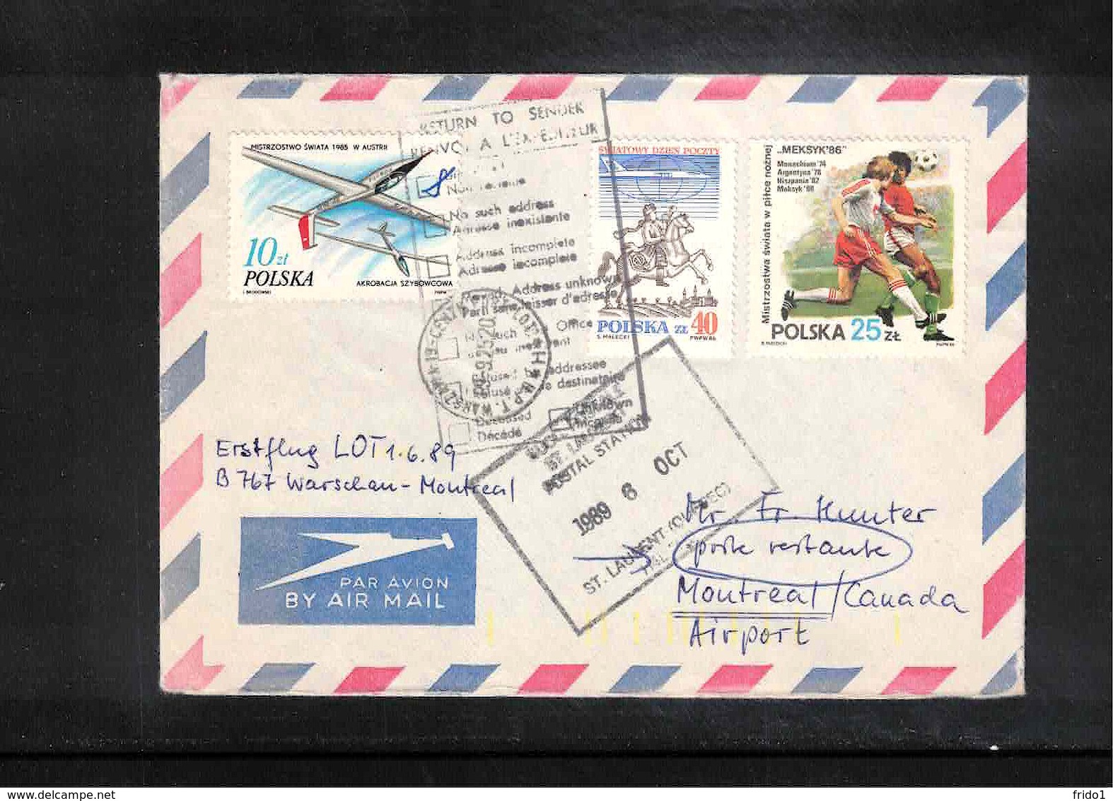 Poland / Polska 1989 Lot Erstflug Warschau - Montreal - Briefe U. Dokumente