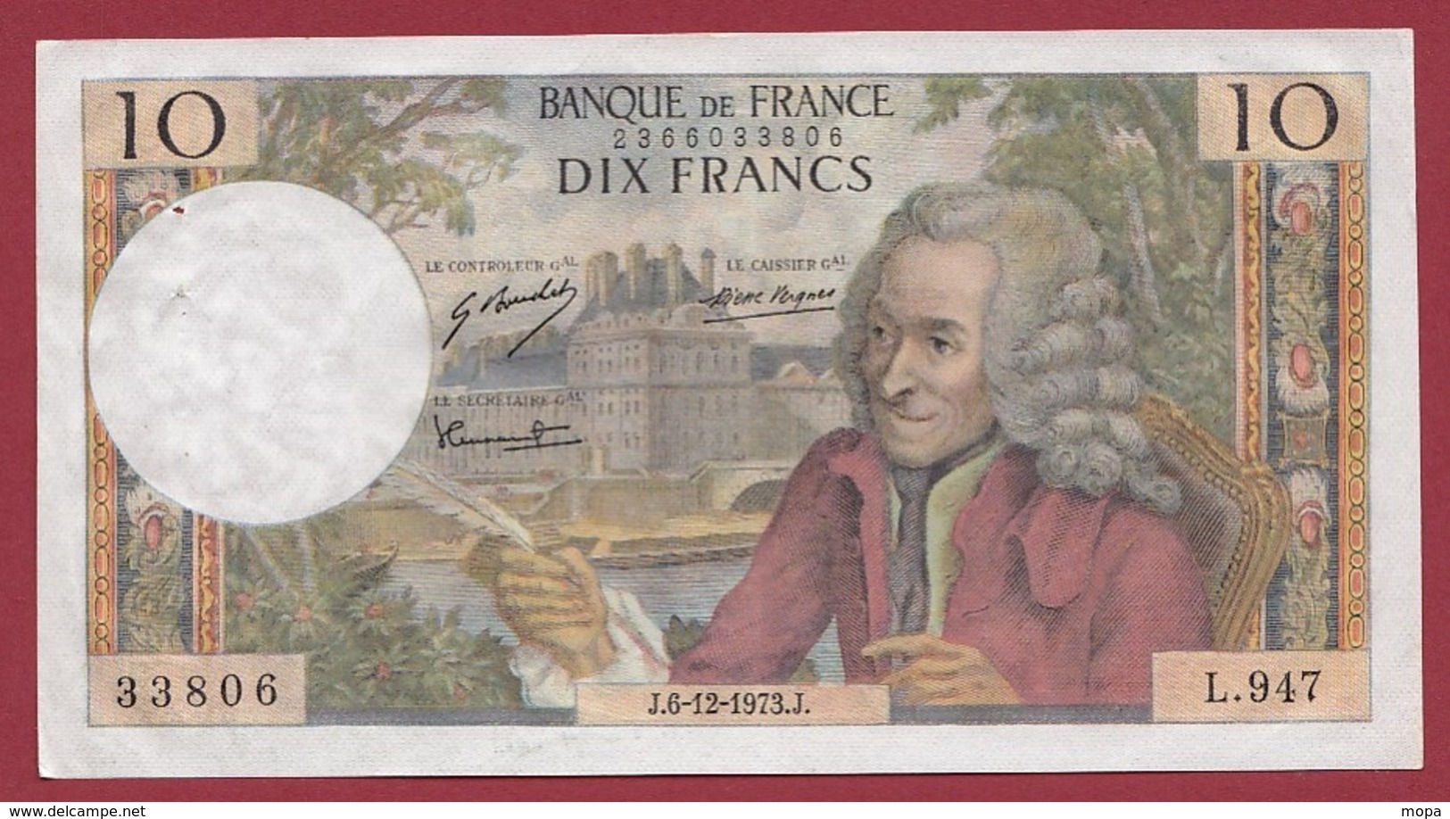 10 Francs "Voltaire" Du 06/12/1973.J---VF/SUP----3 TROU D EPINGLE --ALPH L.947 - 10 F 1963-1973 ''Voltaire''