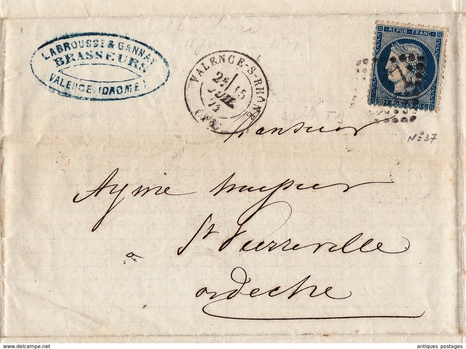 Lettre 1871 Valence Drôme Labrousse & Gannay Brasseur Brasserie Bière Beer Brewery Brewer - 1871-1875 Ceres