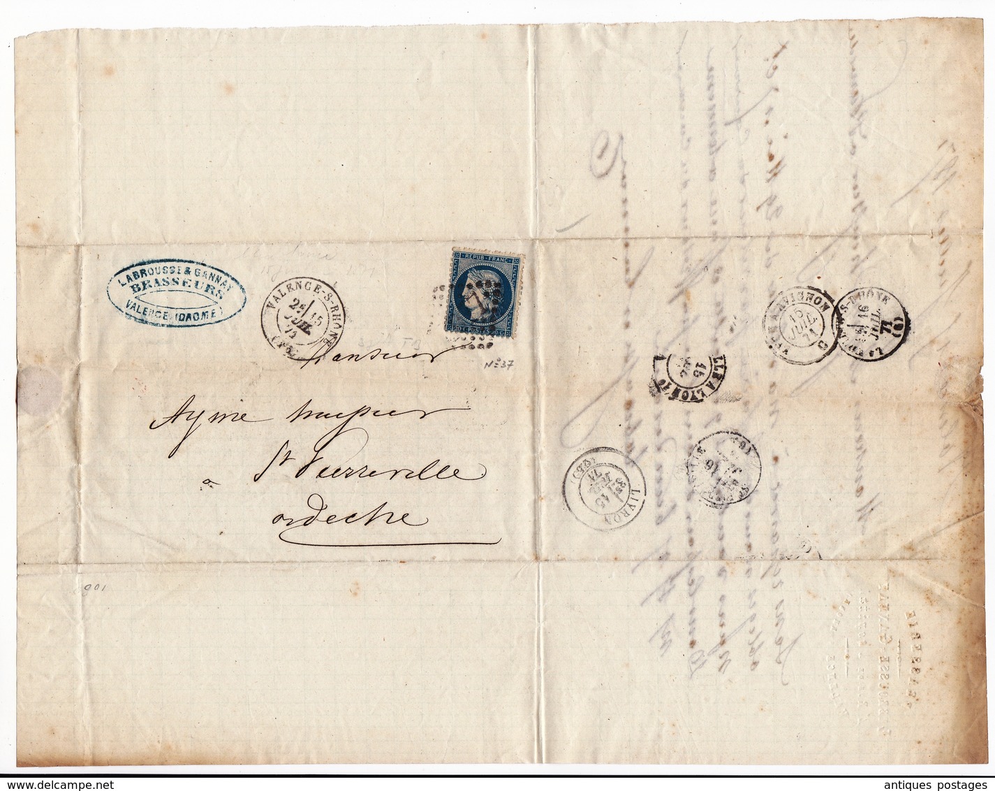 Lettre 1871 Valence Drôme Labrousse & Gannay Brasseur Brasserie Bière Beer Brewery Brewer - 1871-1875 Cérès