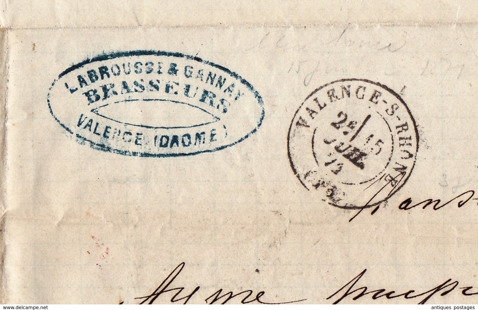 Lettre 1871 Valence Drôme Labrousse & Gannay Brasseur Brasserie Bière Beer Brewery Brewer - 1871-1875 Cérès