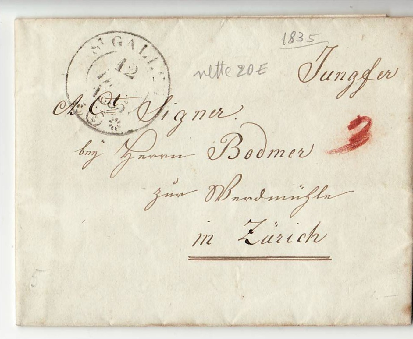 3759 HELVETIA  ST. GALLEN TO ZURICH 1835 WITH TEXT - ...-1845 Prefilatelia