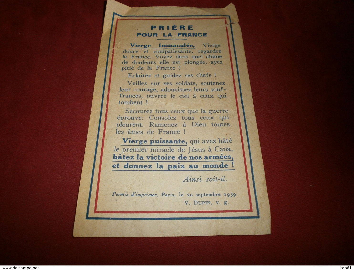 Vieux Papiers > Chromos & Images > Images Religieuses Priere Pour La France1939 - Images Religieuses