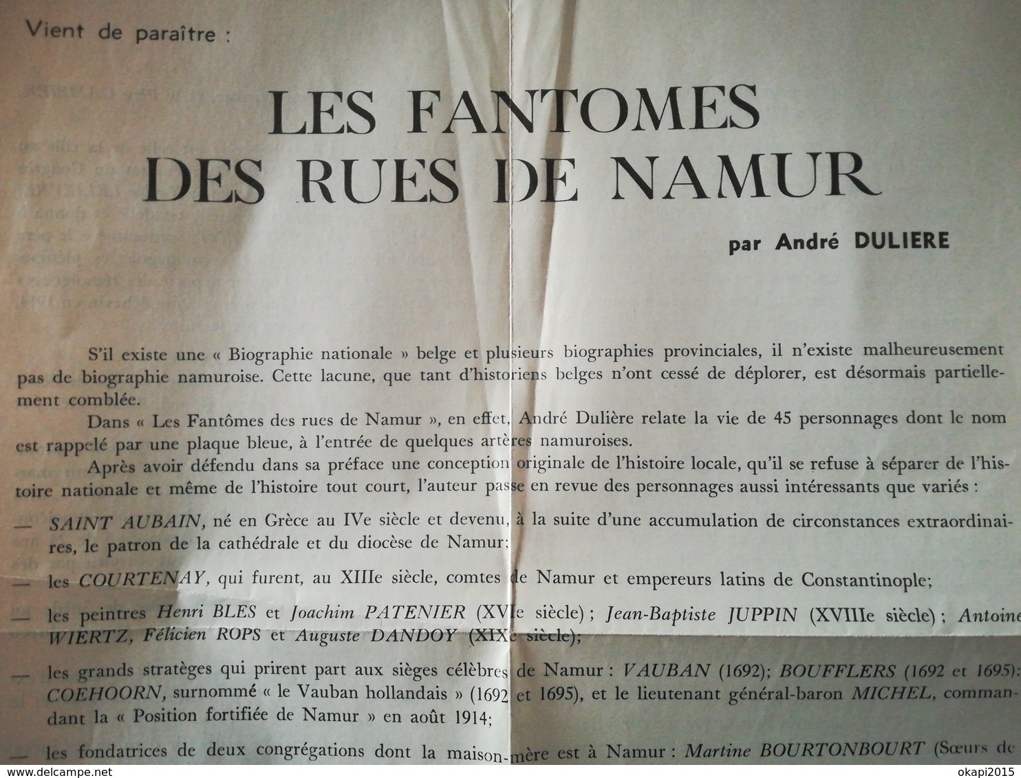 LES FANTÔMES DES RUES DE NAMUR LIVRE AVEC DÉDICACE DE L AUTEUR A. Dulière Année 1956 RÉGIONALISME Belgique