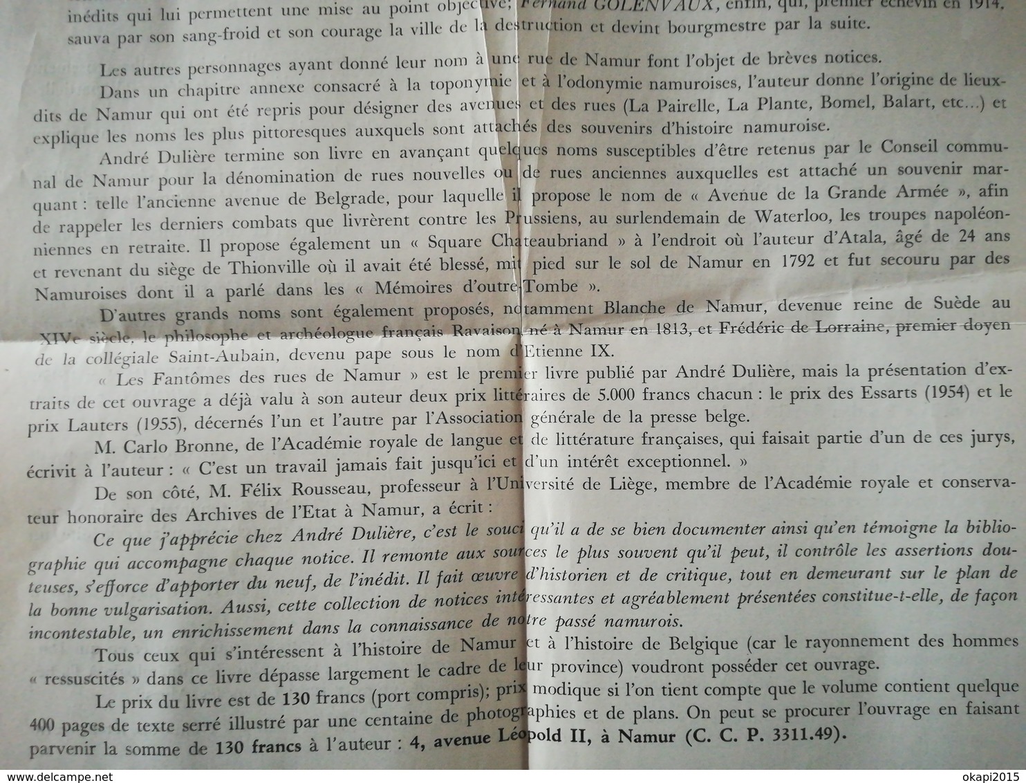 LES FANTÔMES DES RUES DE NAMUR LIVRE AVEC DÉDICACE DE L AUTEUR A. Dulière Année 1956 RÉGIONALISME Belgique