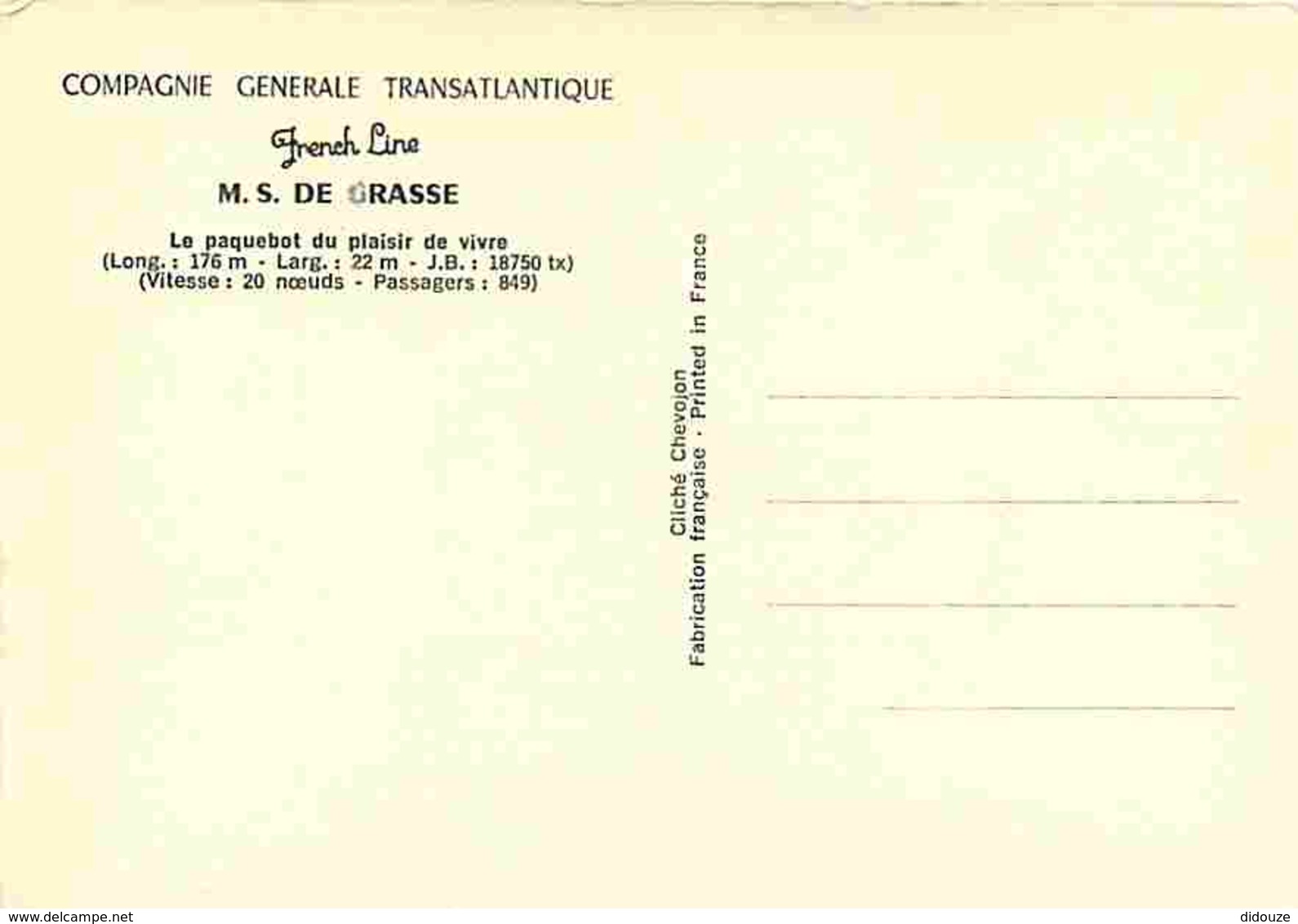 Bateaux - Paquebots - Compagnie Générale Transatlantique - M.S. De Grasse - Carte Neuve - Voir Scans Recto-Verso - Dampfer