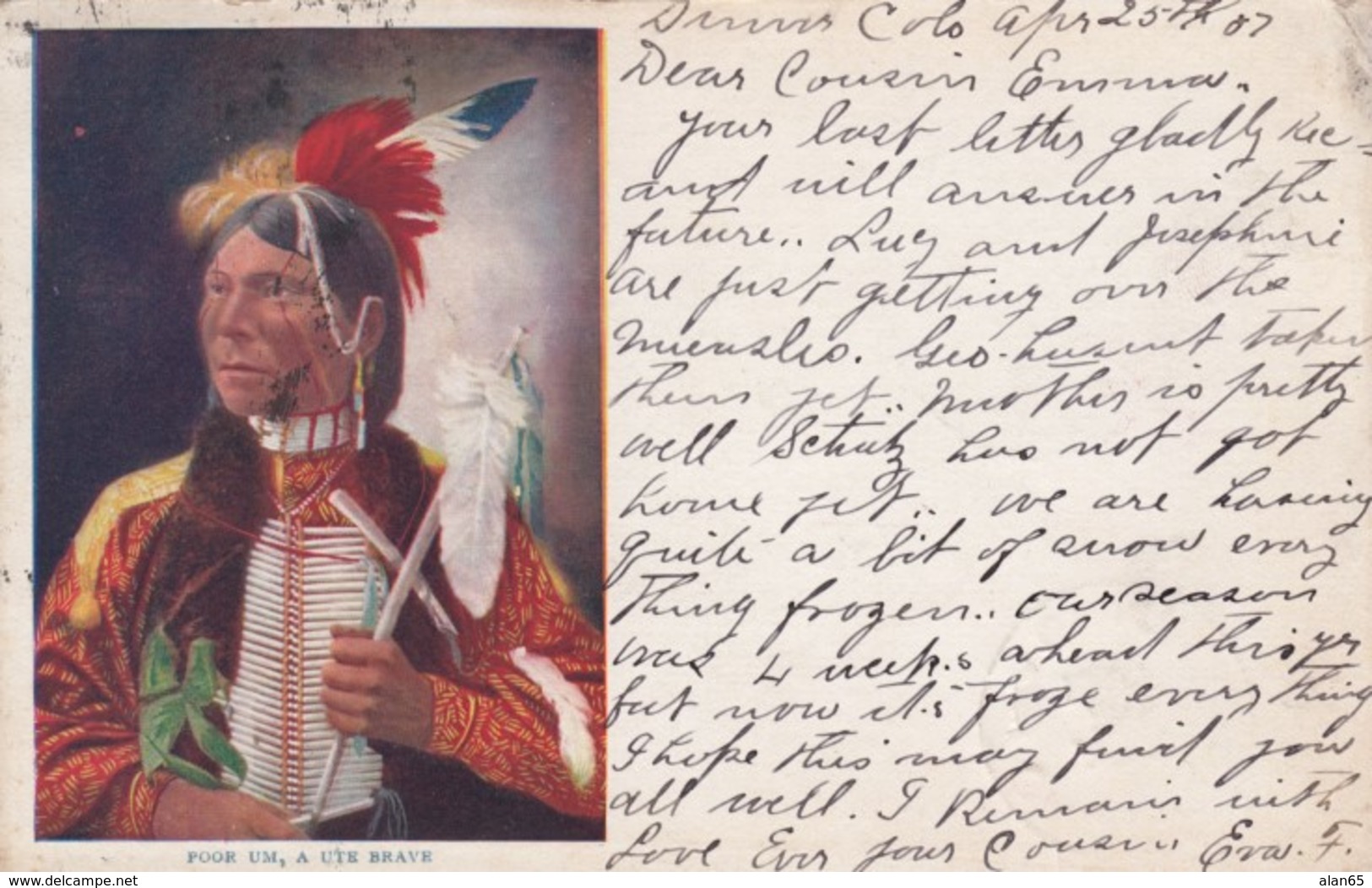 'Poor Um' Ute Brave, Native American Indian Warrior, Traditional Fashion, C1900s Vintage Postcard - Native Americans