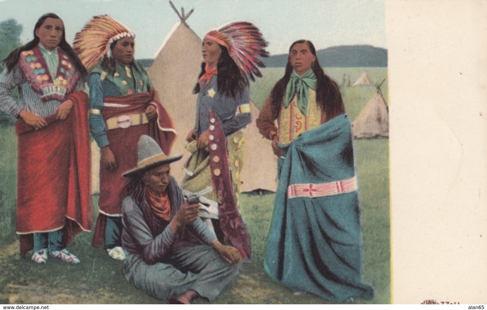 Native American Plains Indians, Traditional Fashion, One Holds Hand Gun C1910s Vintage Postcard - Native Americans