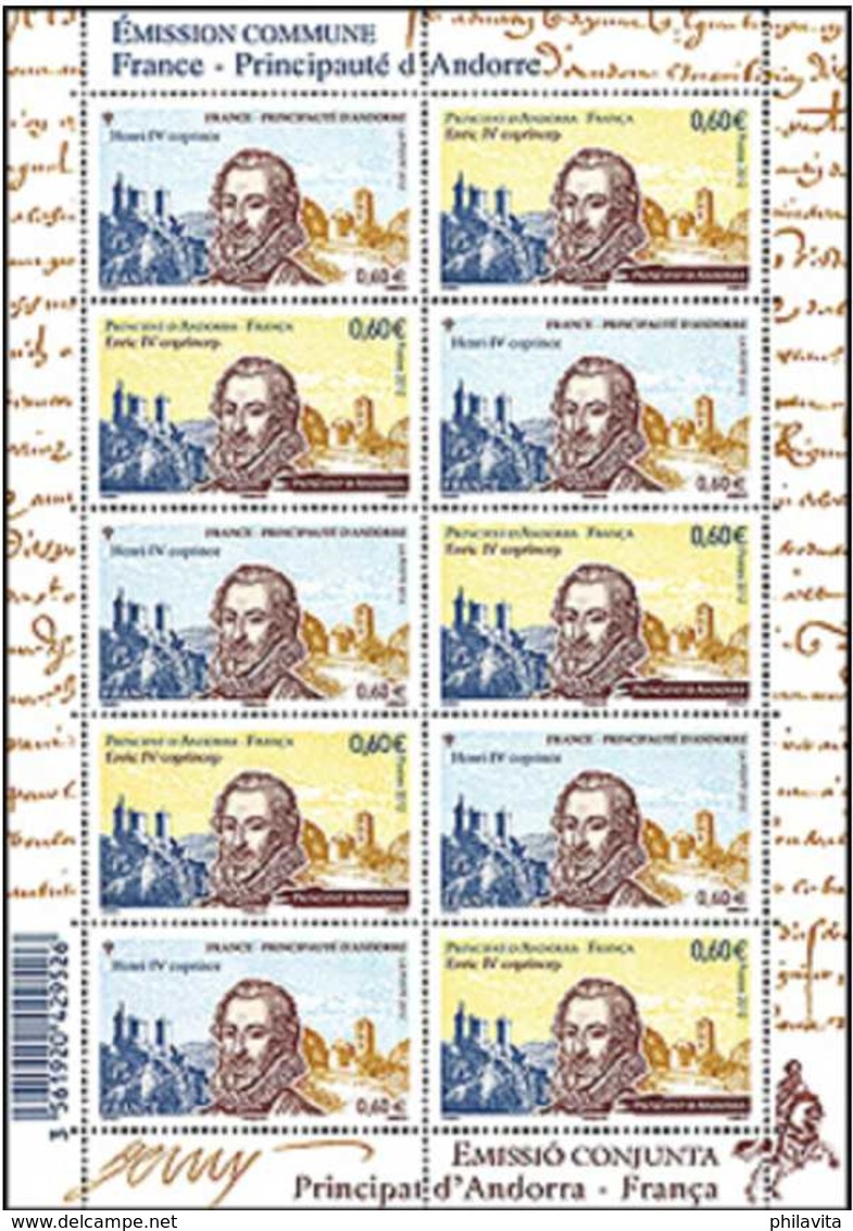 2012 France / French Andorra - King Henri IV Joint Issue - Rare Mixed Sheetlet 5 V Each Of Andorra Fr + France - MNH ** - Gemeinschaftsausgaben