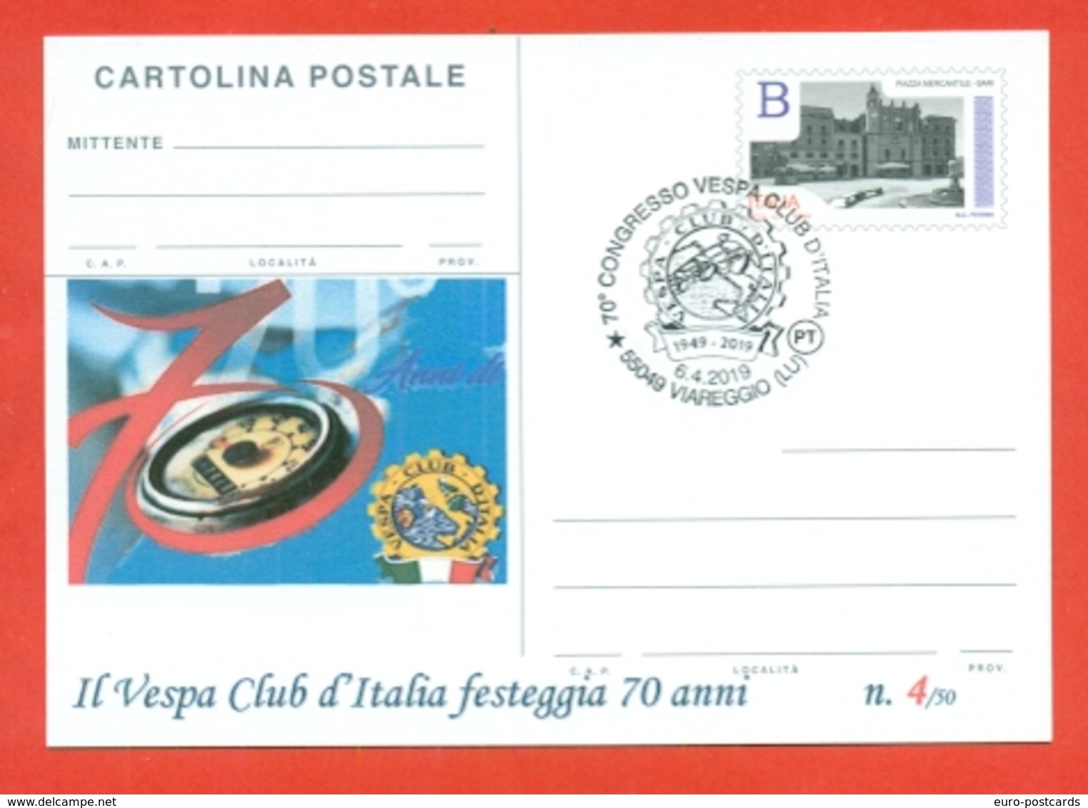 INTERI POSTALI-CARTOLINA POSTALE SOPRASTAMPA PRIVATA-VESPA-MOTO-70 ANNI VESPA CLUB-VIAREGGIO -2019 - Interi Postali