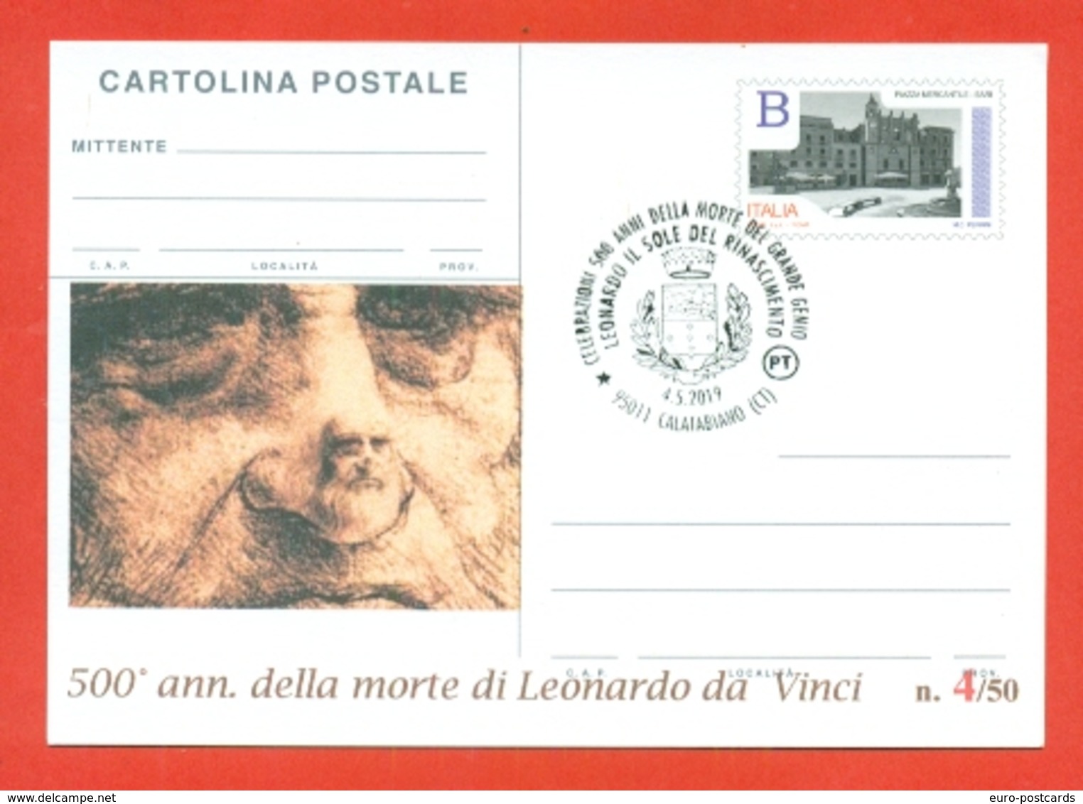 INTERI POSTALI-CARTOLINA POSTALE SOPRASTAMPA PRIVATA-CALATABIANO-500 ANNI  MORTE LEONARDO DA VINCI-2019 - Entiers Postaux