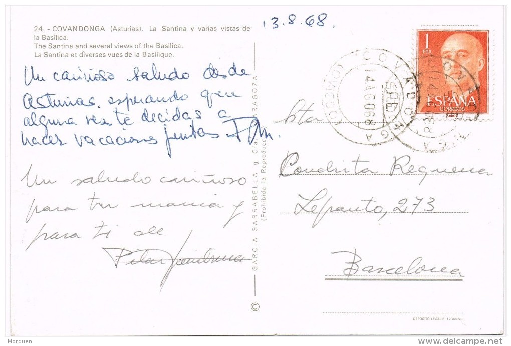 14456. Postal COVADONGA (Oviedo) 1968.Fechador S.P.E.. Servicio Postal Especial - Cartas & Documentos