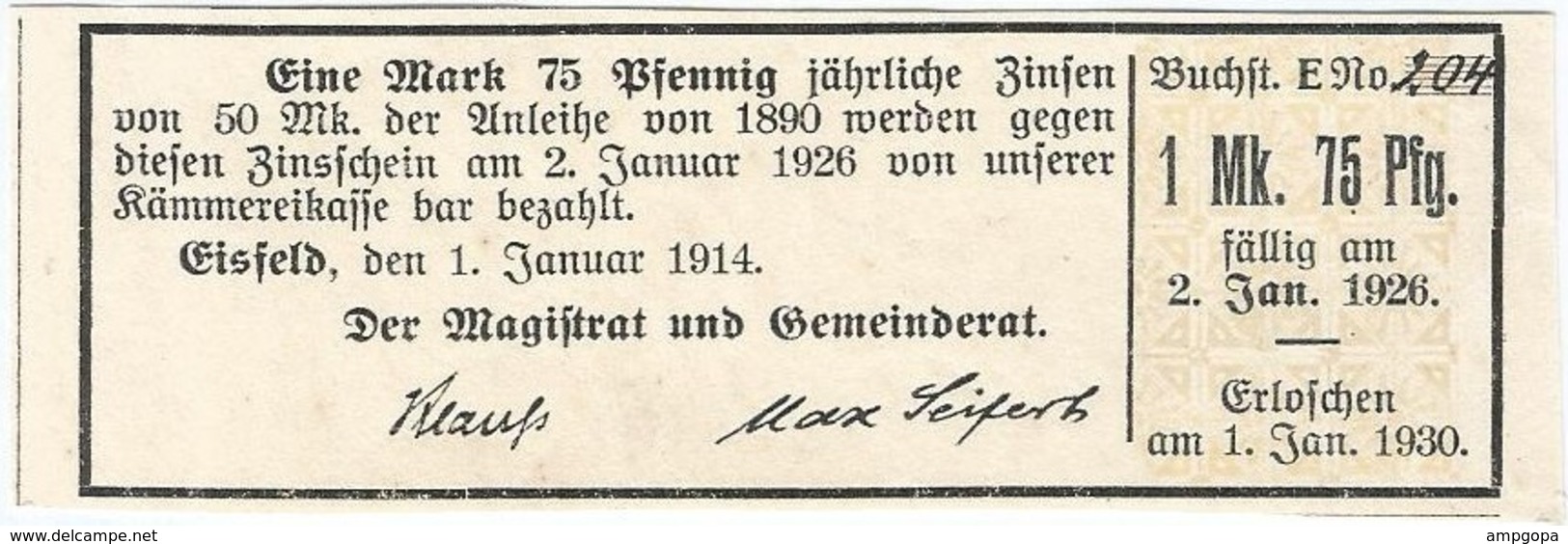 Alemania (BONOS) - Germany 1.75 Mark 1-1-1914 Eisfeld Ref 17 - Otros & Sin Clasificación