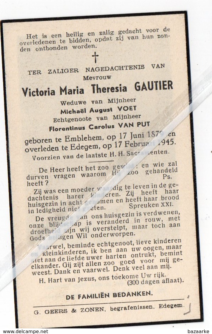 VICTORIA MARIA GAUTIER ° EMBLEHEM 1879 + EDEGEM 1945 / M. VOET / F. VAN PUT - Images Religieuses