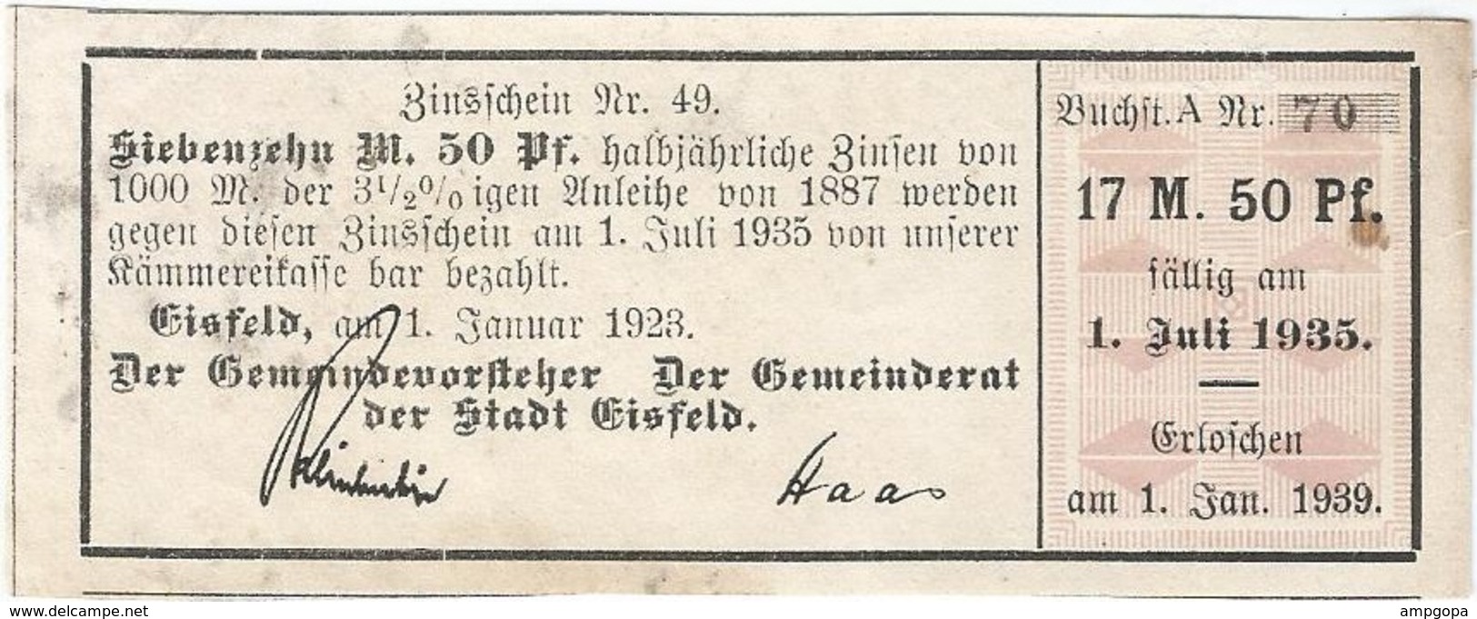 Alemania (BONOS) - Germany 17.50 Mark 1-1-1923 Eisfeld Ref 16 - Imperial Debt Administration