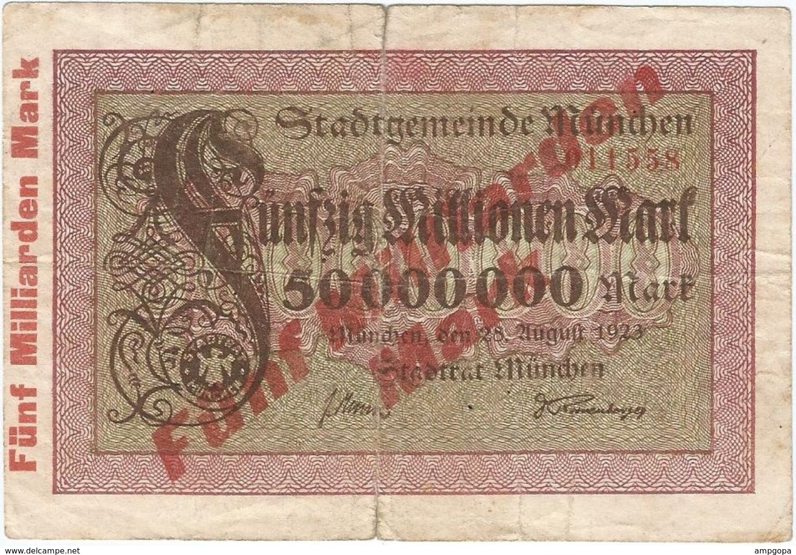 Alemania (NOTGELD) - Germany 5.000.000.000 Mark 25-8-1923 Sobre 50.000.000 Mark Munchen Ref 3707-2 - Andere & Zonder Classificatie