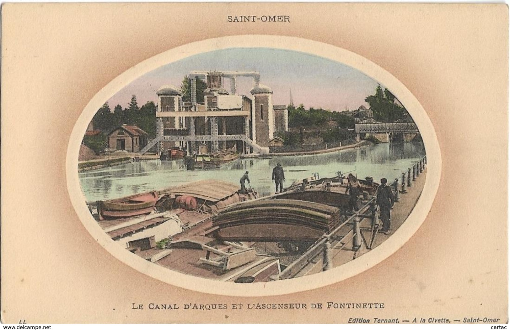 D62 - SAINT OMER - LE CANAL D'ARQUES ET L'ASCENSEUR DE FONTINETTE-Péniches-Hommes-Cliché Dans Un Oval - Saint Omer