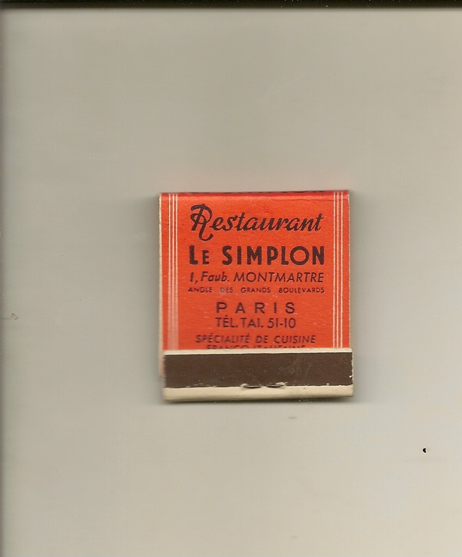 Pochette Allumettes LASTAR De 1954 Neuve Et Pleine:Restaurant LE SIMPLON Faubourg Montmartre Paris - Boites D'allumettes