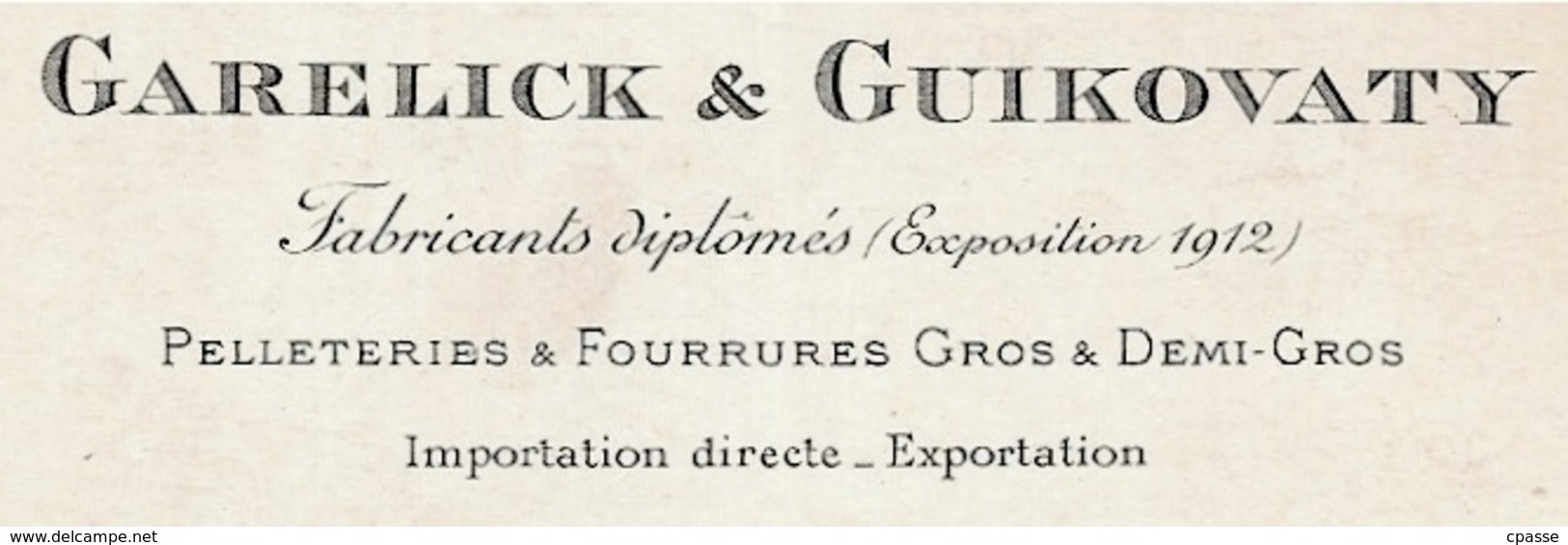 Carte De Visite Commerciale GARELICK & GUIKOVATY Pelleteries & Fourrures En Gros 75009 PARIS Rue Richer - Visitenkarten