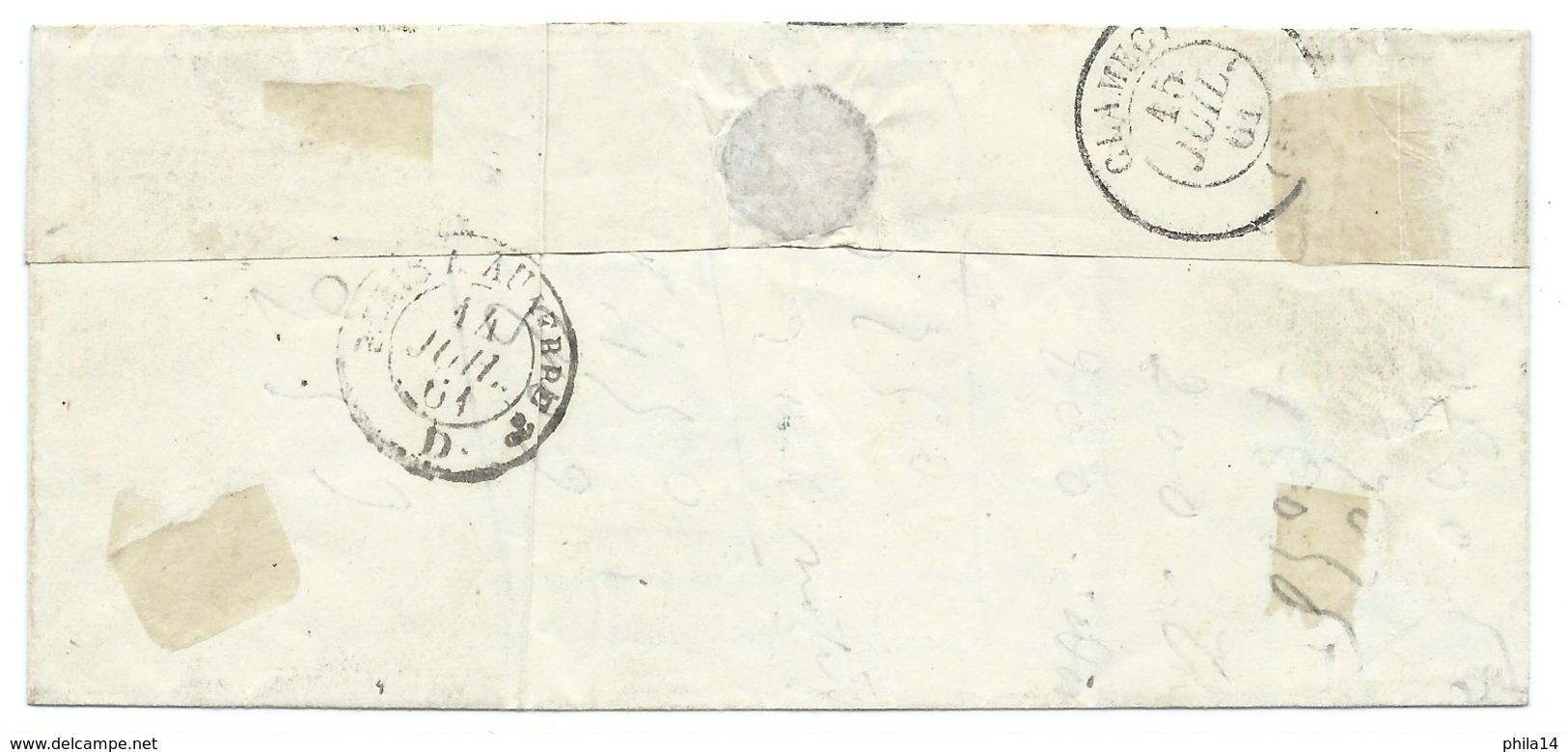 2 X N°13 10c BISTRE NAPOLEON PERCES EN LIGNE SUR LETTRE / PARIS POUR CLAMECY 14 JUIL 1861 - 1849-1876: Période Classique