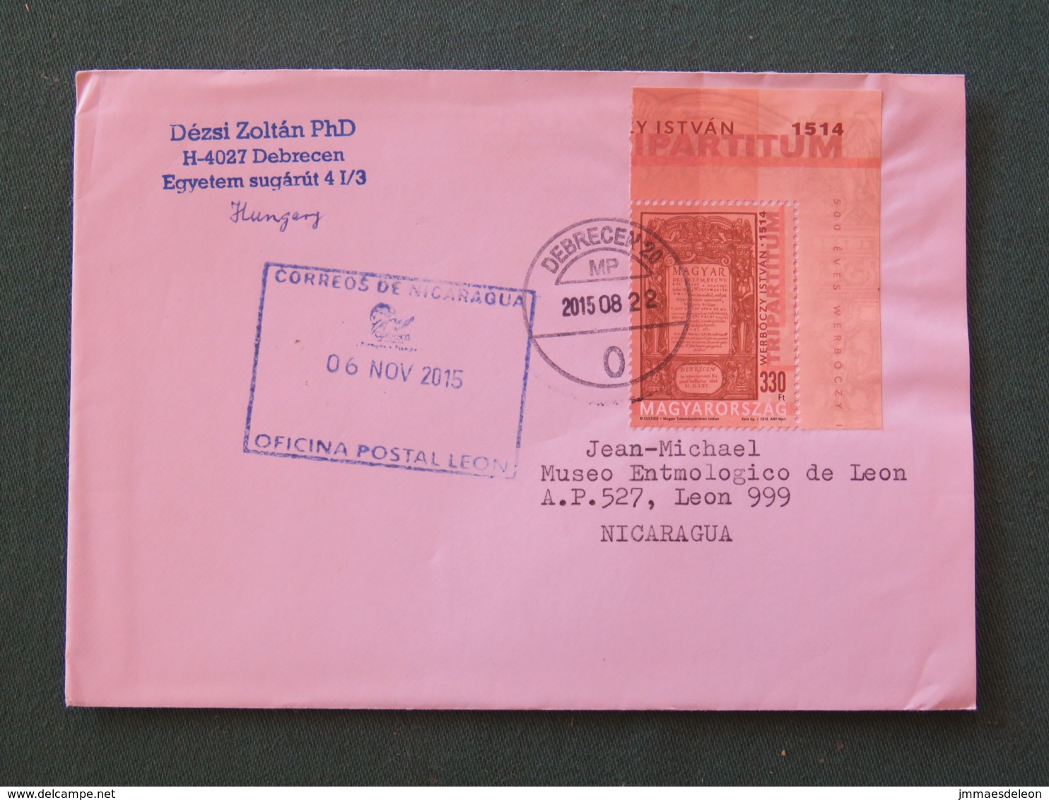 Hungary 2015 Cover Debrecen To Nicaragua - Book Page - Lettres & Documents