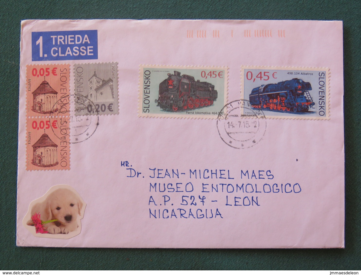 Slovakia 2015 Cover To Nicaragua - Train Locomotives Houses Church Dog - Briefe U. Dokumente