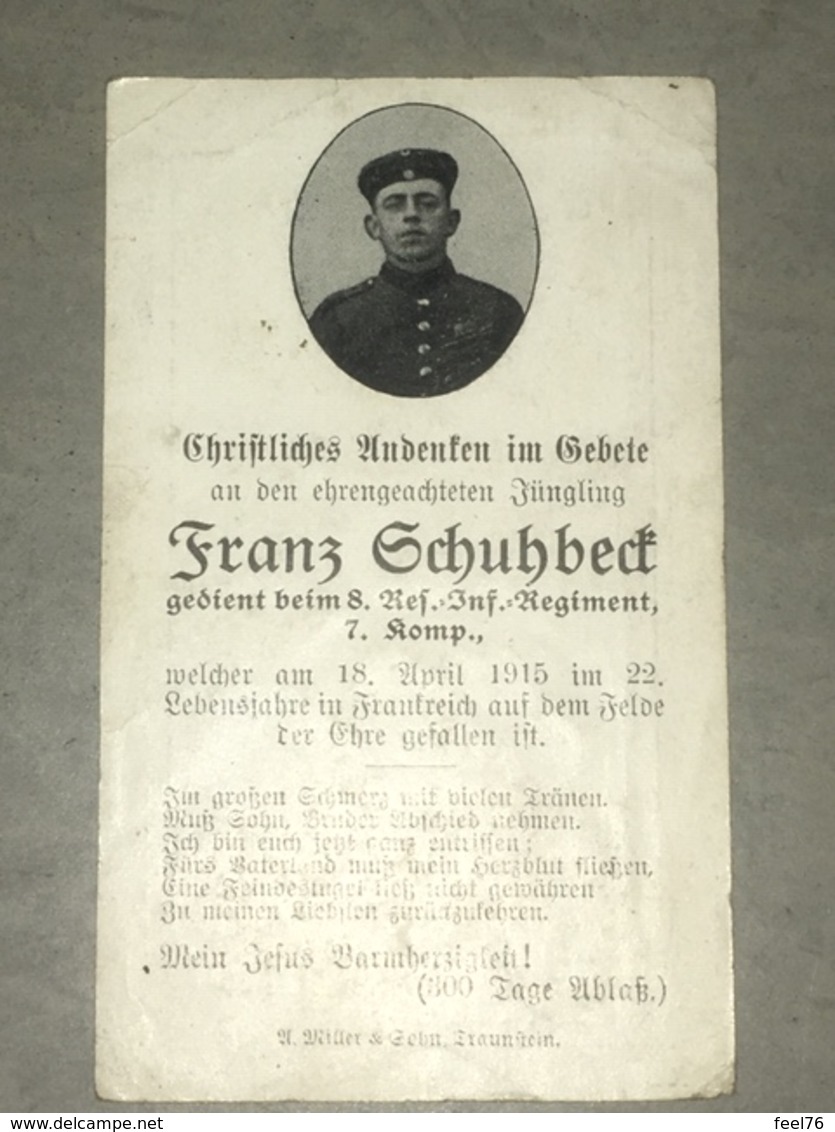 Sterbebild Wk1 Ww1 Bidprentje Avis Décès Deathcard RIR8 PERONNE VERMANDOVILLERS April 1915 - 1914-18