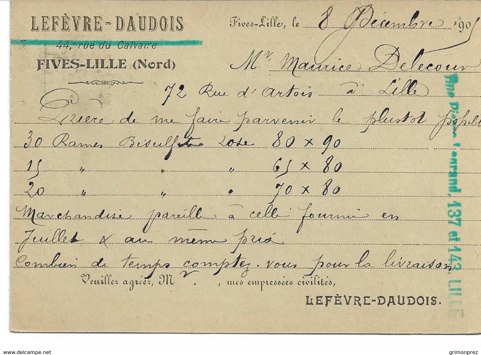 CARTE-POSTALE  FIVES-LILLE NORD  Ets LEFEVRE DAUDOIS 44 Rue Du Calvaire Cachet Section De Fives - 1877-1920: Période Semi Moderne