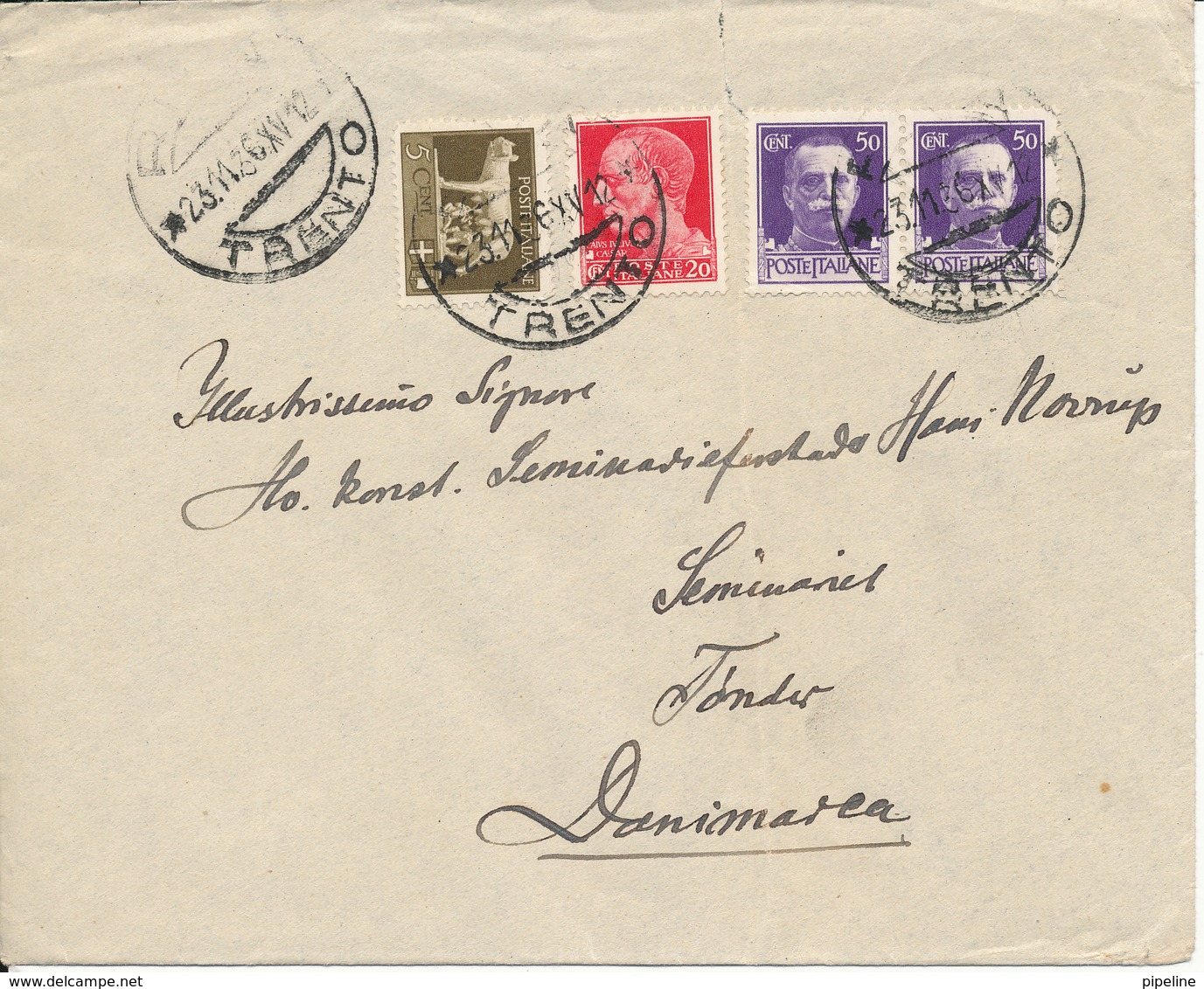 Italy Cover Sent To Denmark Trento 23-11-1936 (the Cover Is Bended And With A Tear At The Top) - Storia Postale