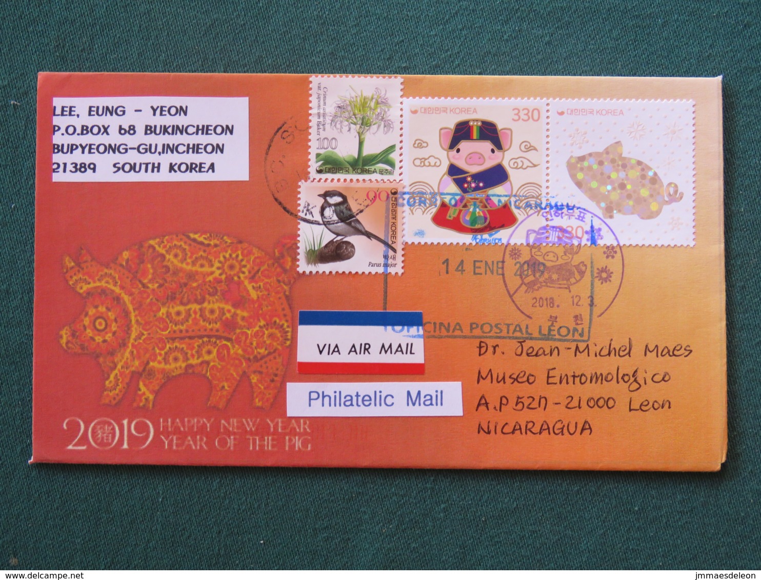 South Korea 2019 Cover To Nicaragua - Year Of The Pig (metallic Brilliant Stamp) - Bird - Flower - Corée Du Sud