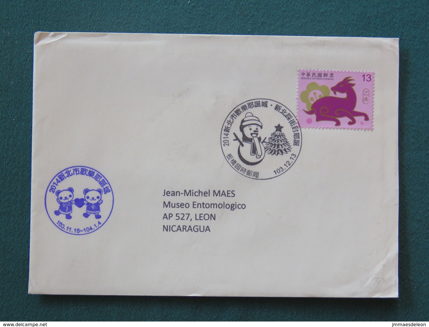 Taiwan 2015 Cover To Nicaragua - Year Of The Goat - Snowman Cancel - Panda Cancel - Lettres & Documents