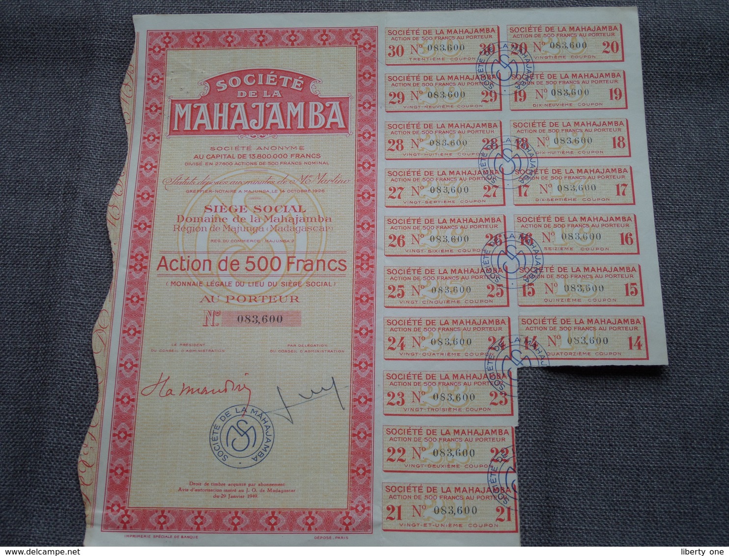 MAHAJAMBA Majunga Madagascar / Nr. 083.600 Et 601 : Action De 500 Francs Au Porteur > 1949 ( Voir Photo ) 2 Exempl.! - M - O