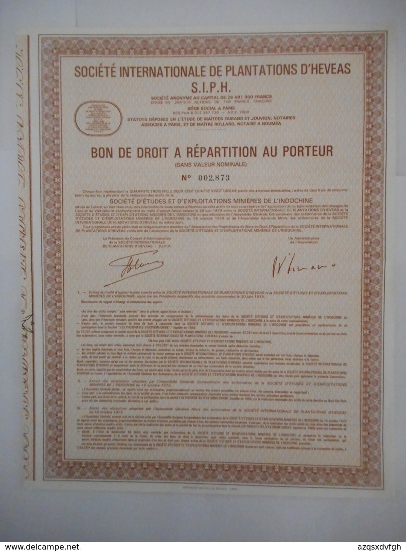 SIPH Bon De Repartition  ETUDES Et EXPLOITATIONS MINIERES De L'INDOCHINE 1928       VIETNAM ?????? LAOS - Asia