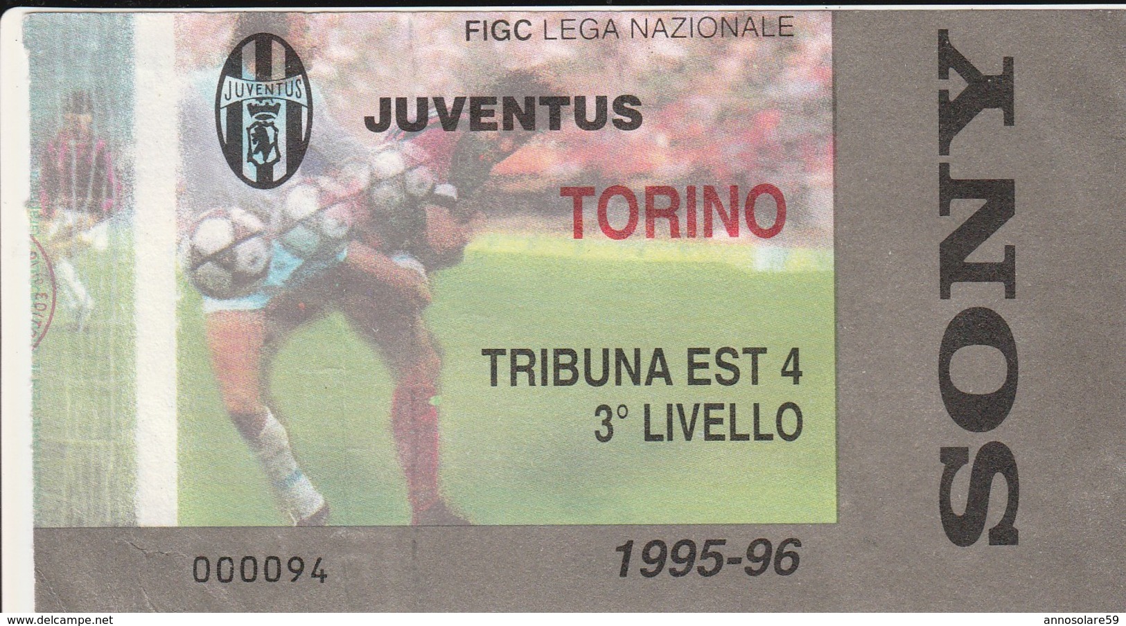 VECCHIO BIGLIETTO PARTITA DI CALCIO SERIE A - "JUVENTUS/TORINO" DERBY 1995/96 - TRIBUNA EST 4 - 3° LIVELLO - LEGGI - Biglietti D'ingresso