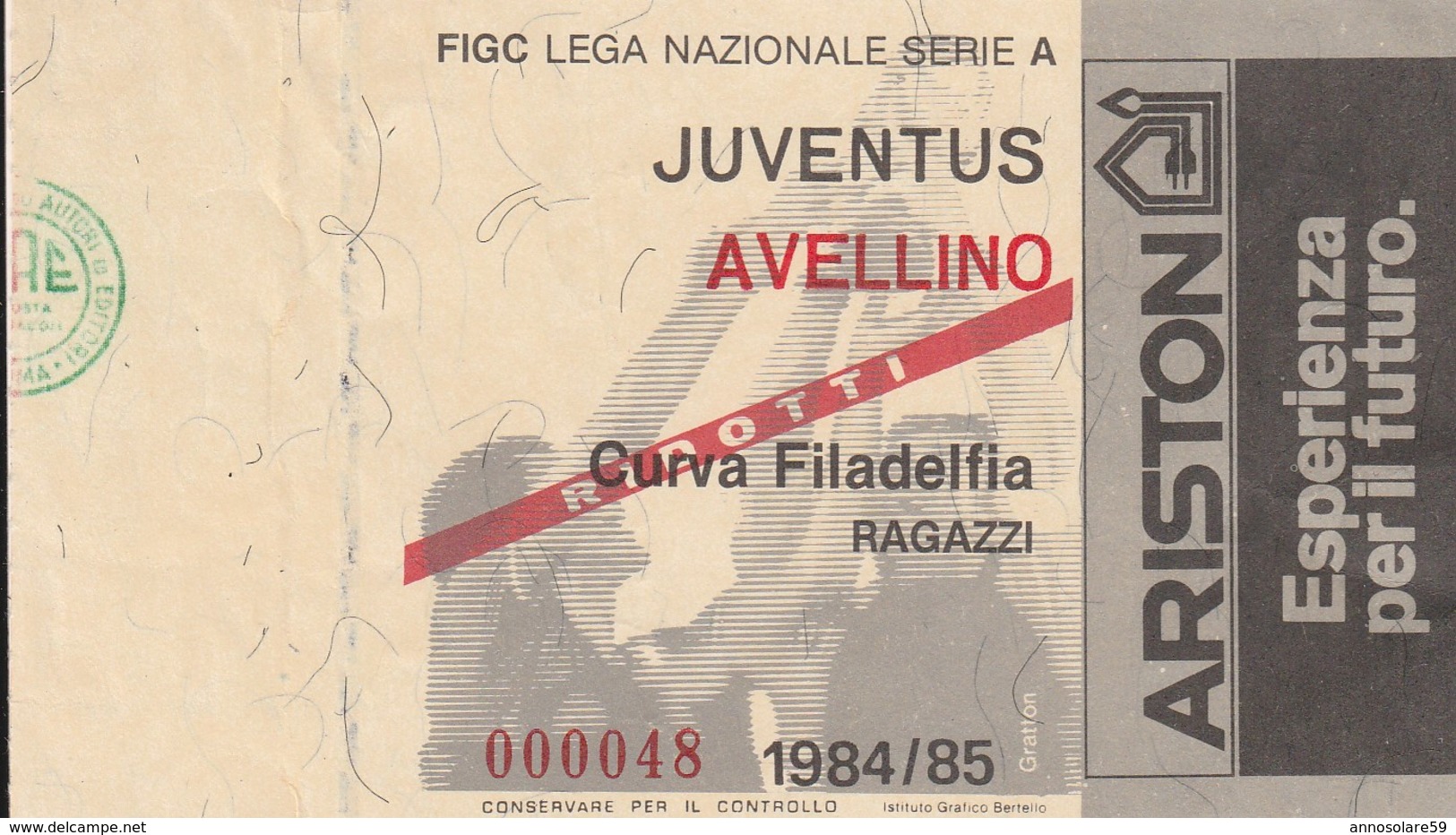 VECCHIO BIGLIETTO PARTITA DI CALCIO SERIE A - "JUVENTUS/AVELLINO" 1984/85 - CURVA FILADELFIA RAGAZZI (RIDOTTI) - LEGGI - Biglietti D'ingresso