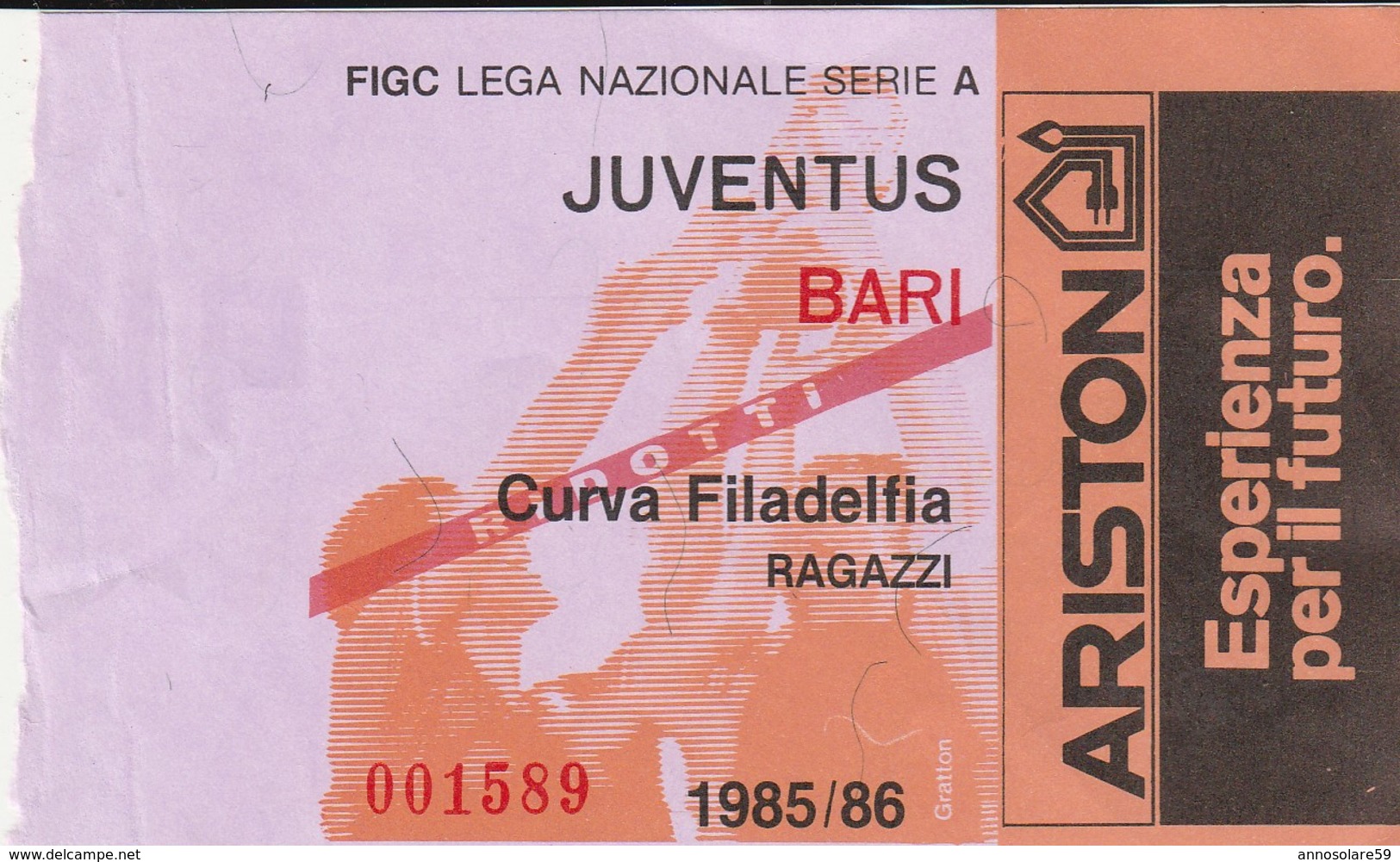 VECCHIO BIGLIETTO PARTITA DI CALCIO SERIE A - "JUVENTUS/BARI" 1985/86 - CURVA FILADELFIA RAGAZZI (RIDOTTI) - LEGGI - Biglietti D'ingresso