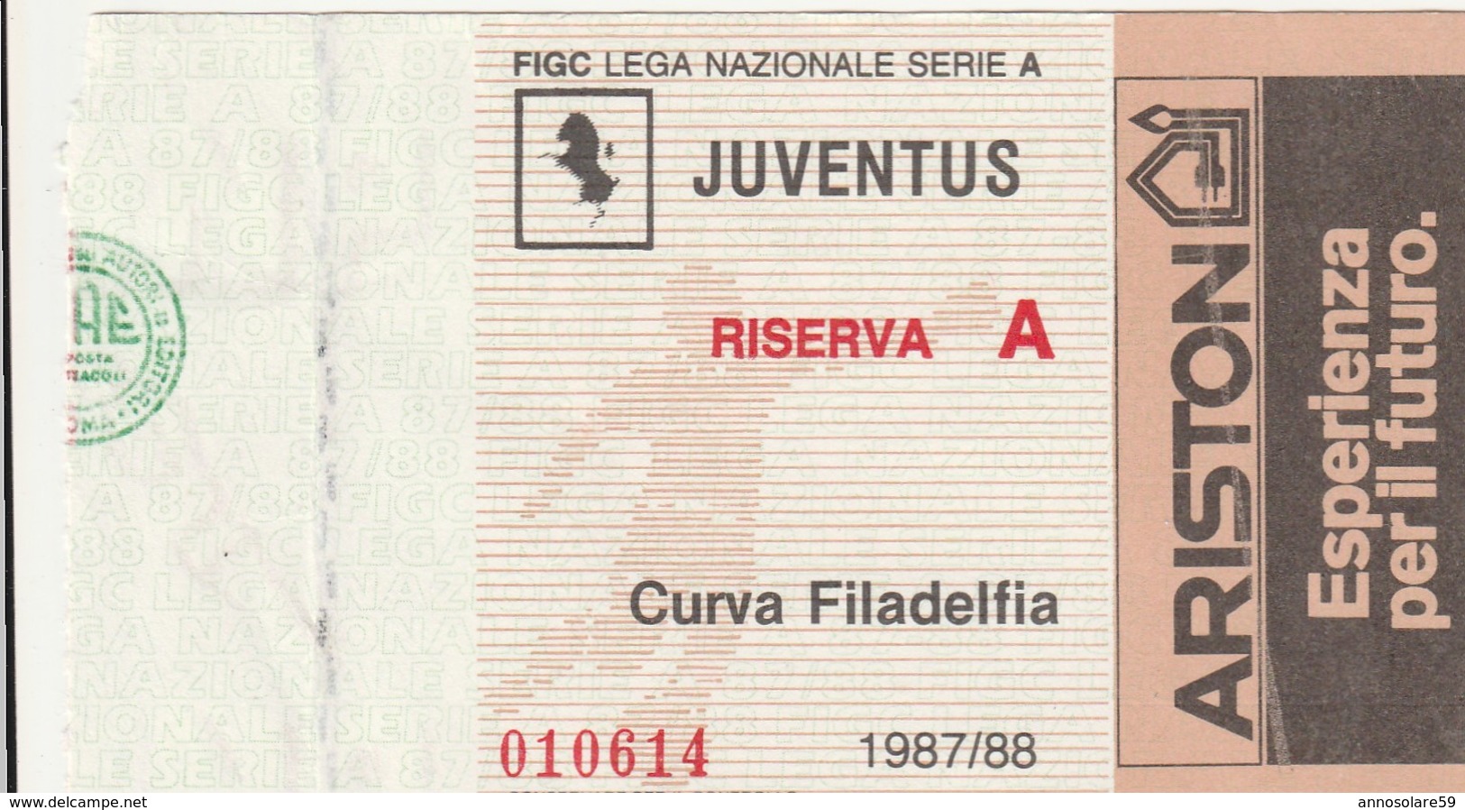 VECCHIO BIGLIETTO PARTITA DI CALCIO SERIE A - "JUVENTUS/RISERVA A" 1987/88 - CURVA FILADELFIA - LEGGI - Biglietti D'ingresso