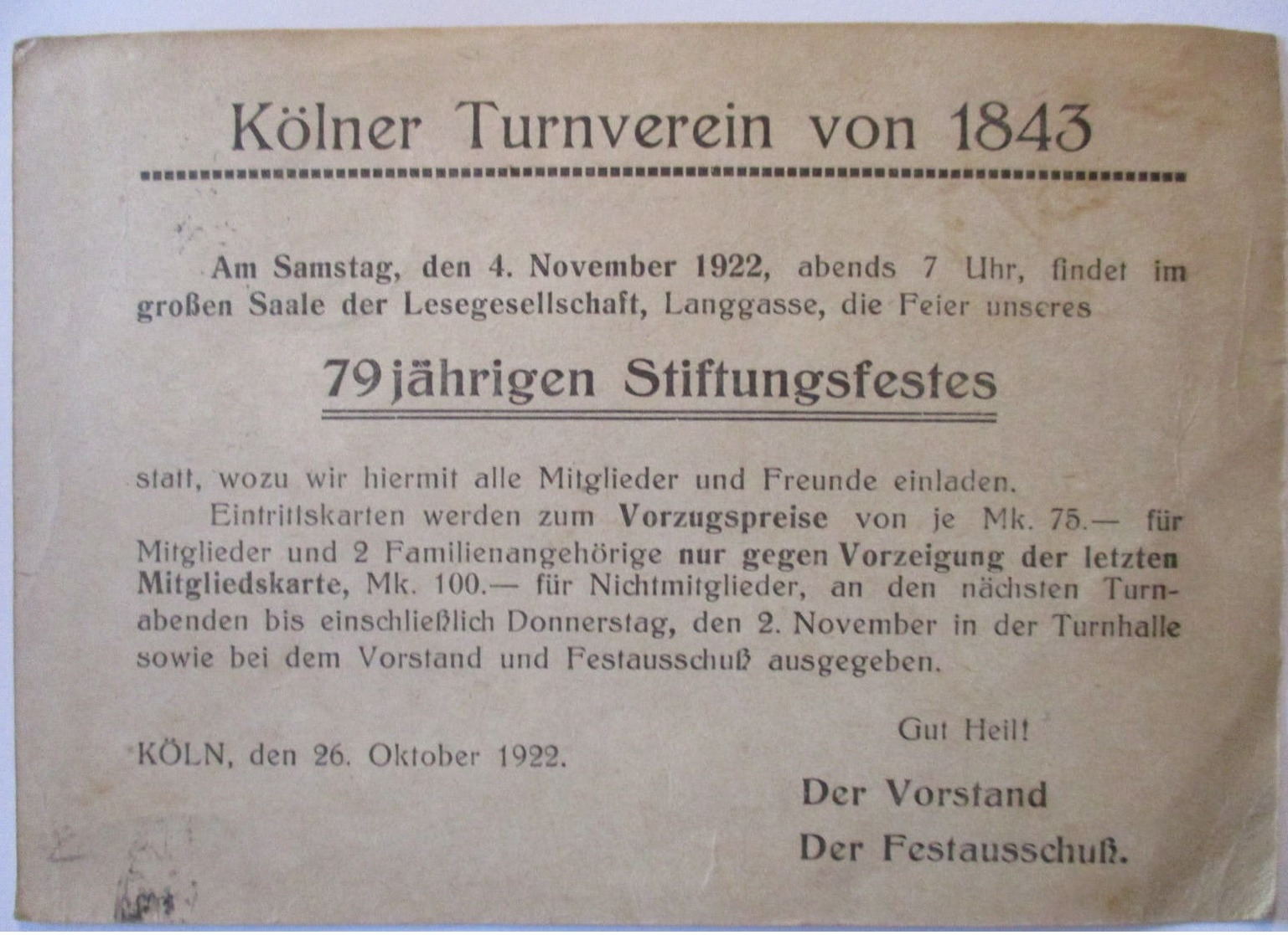 Sport, Turnverein Köln 1843, 70 Jährige Stiftungsfest 1922 (44852) - Other & Unclassified