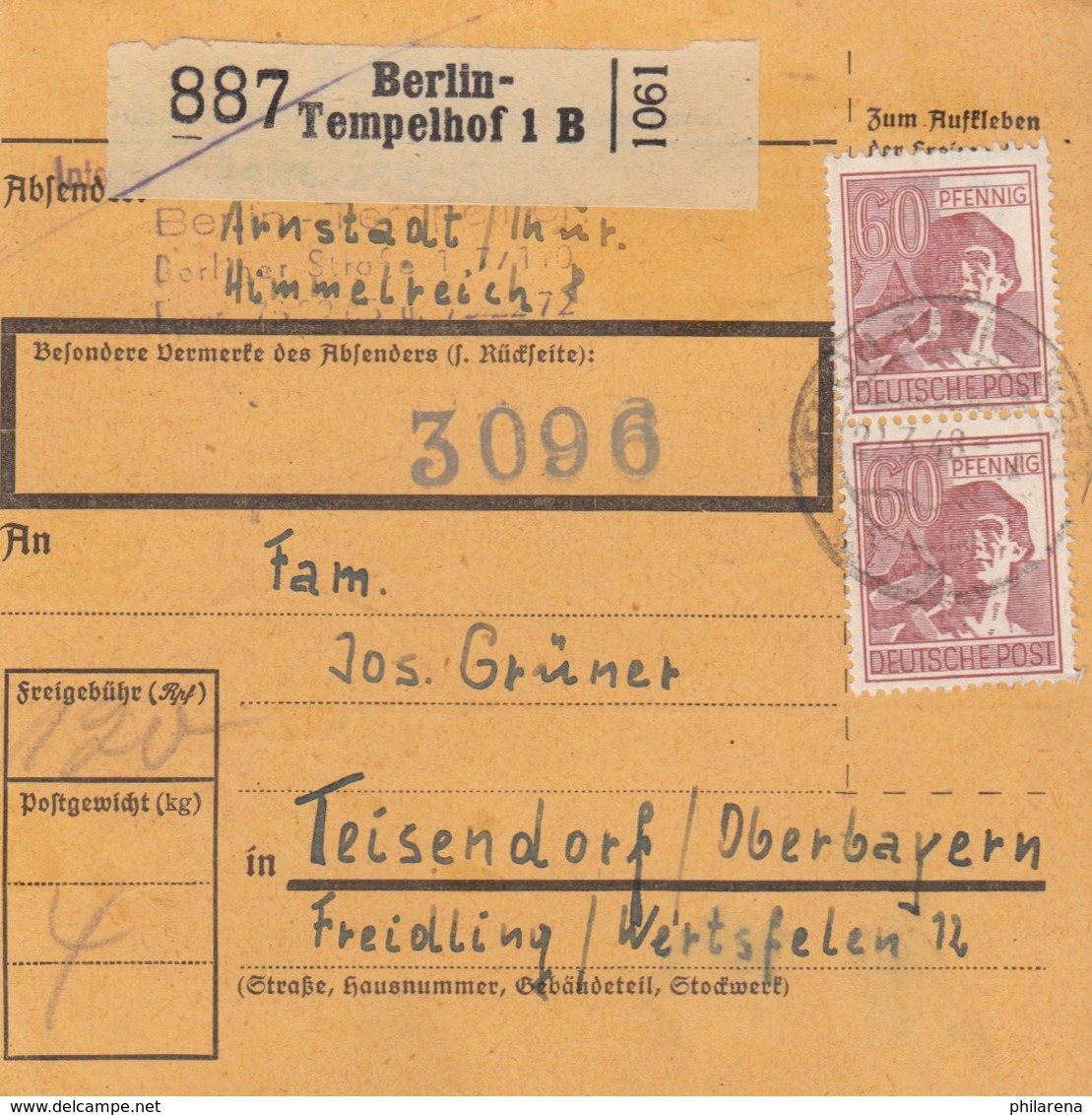 BiZone Paketkarte 1948: Berlin-Tempelhof, Arnstadt Nach Teisendorf - Autres & Non Classés