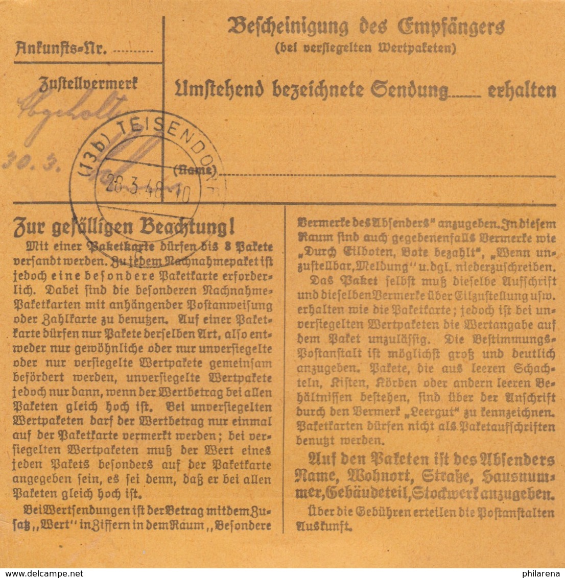 BiZone Paketkarte 1948: Berlin-Tempelhof, Arnstadt Nach Teisendorf - Autres & Non Classés