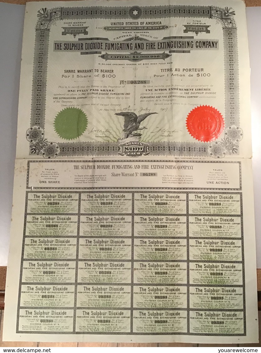 RRR ! SULPHUR DIOXIDE FUMIGATING & FIRE EXTINGUISHING COMPANY Share(France Paris Action Gaz Feux WEST VIRGINIA USA Bonds - Electricidad & Gas