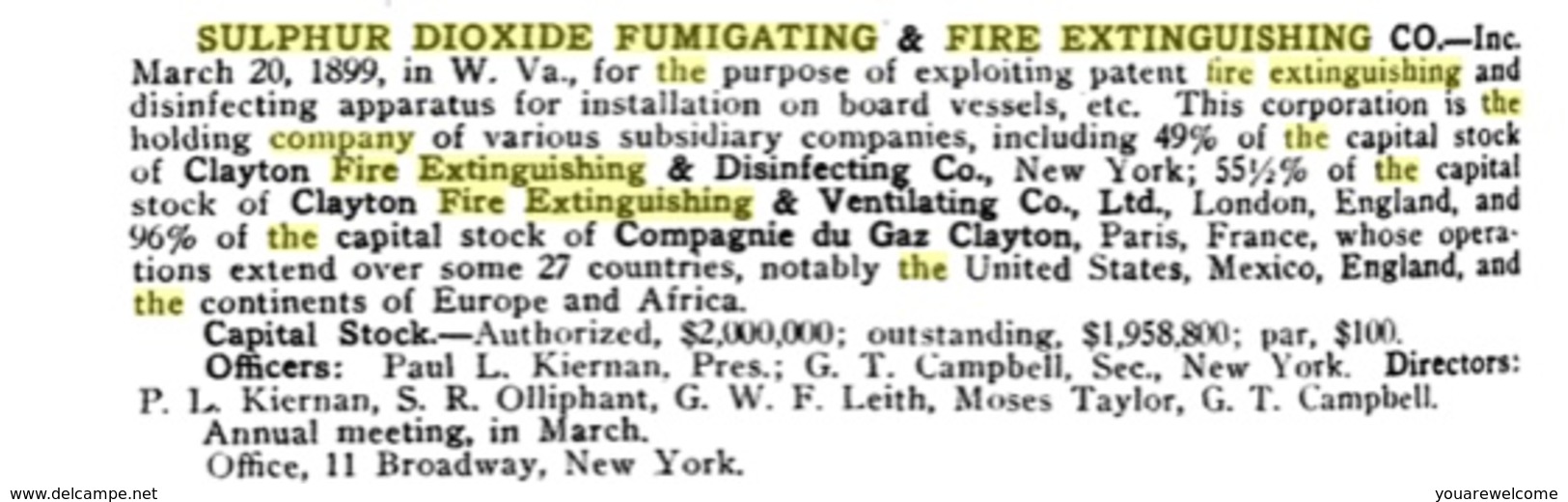 RRR ! SULPHUR DIOXIDE FUMIGATING & FIRE EXTINGUISHING COMPANY share(France Paris action gaz feux WEST VIRGINIA USA bonds