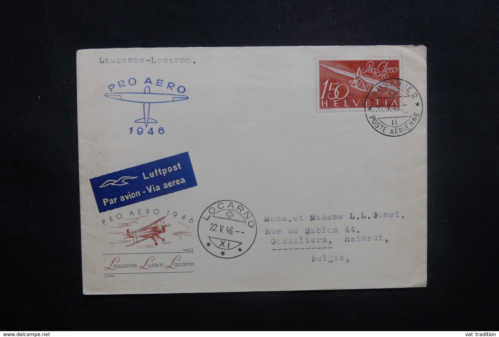 SUISSE - Enveloppe De La Ligne Aérienne Lausanne / Locarno En 1946 Pour La Belgique, Affranchissement Plaisant - L 37183 - Postmark Collection
