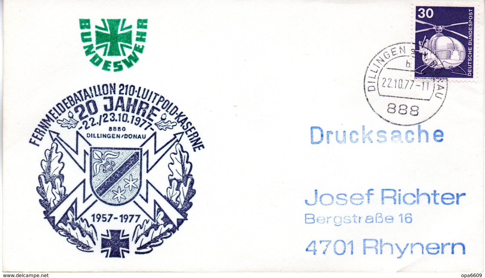 (FC-3) BRD Cachetumschlag Bundeswehr "20 JAHRE FERNMELDEBATAILLON 210" EF Mi 849 TSt 22.10.1977 DILLINGEN - Briefe U. Dokumente