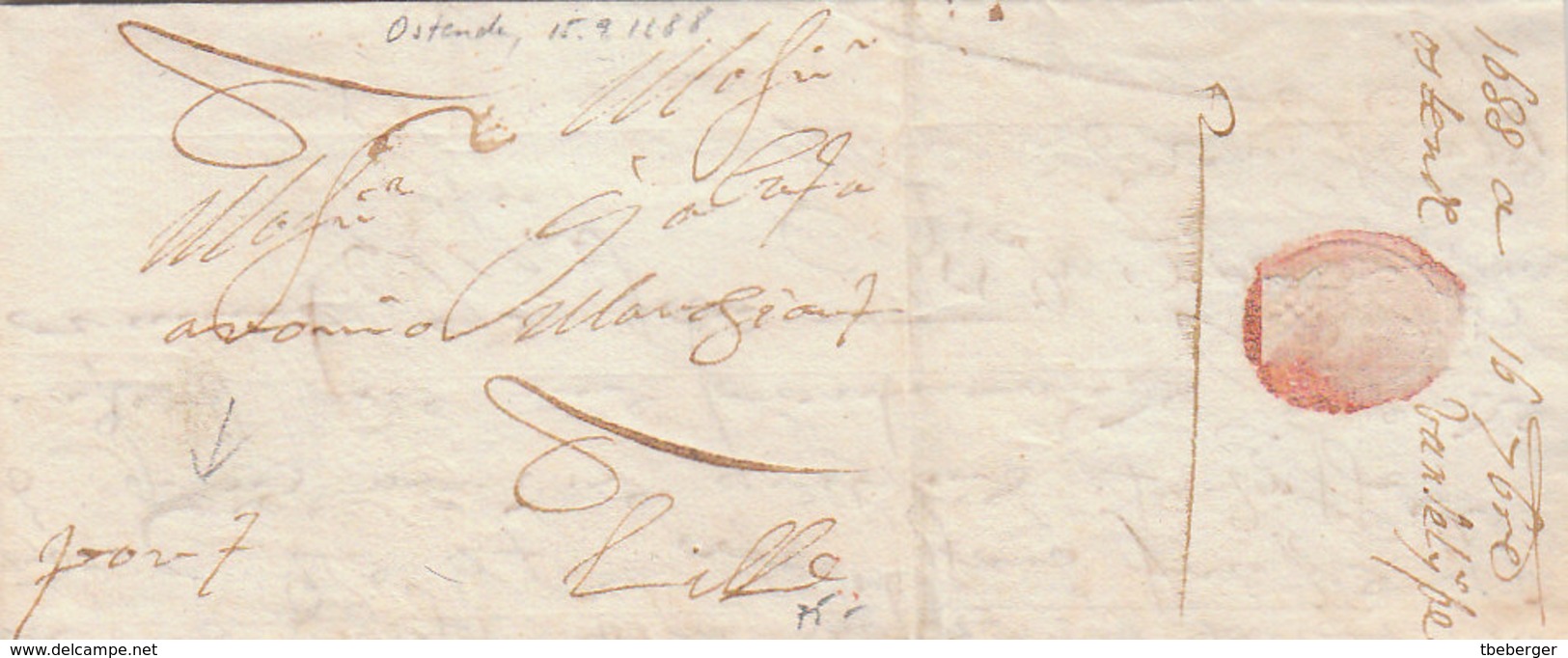 Belgique Belgium Spanish Netherlands France Porto Entire 1688 Ostende To Lille (s52) - 1621-1713 (Pays-Bas Espagnols)