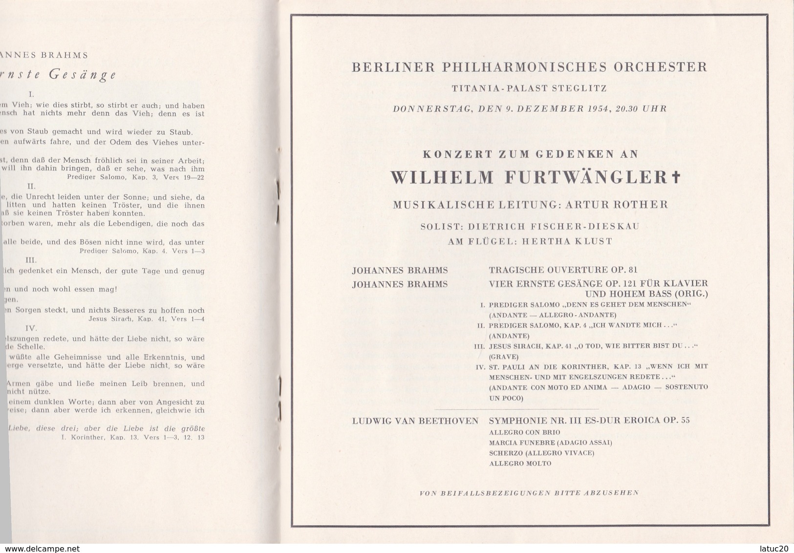 Programm 1954 Berliner Philharmonisches Orchester Zum Gedenken Wilhelm Furtwängler - Programmes