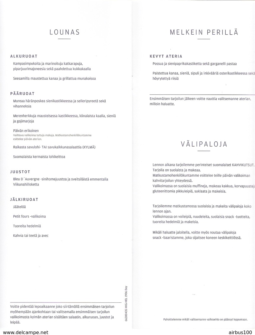 MENU FINNAIR BUSINESS CLASS - 12 PAGES - VOL HONG KONG HELSINKI AIRBUS 350 900 JUILLET 2019 - Menu Kaarten