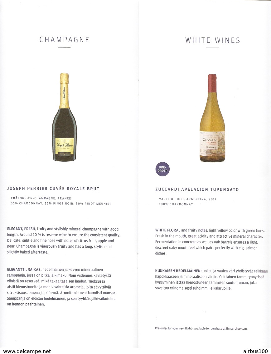 MENU FINNAIR BUSINESS CLASS BEVERAGES CARTE Des VINS WINE - 16 PAGES VOL HONG KONG HELSINKI AIRBUS 350 900 JUILLET 2019 - Menú