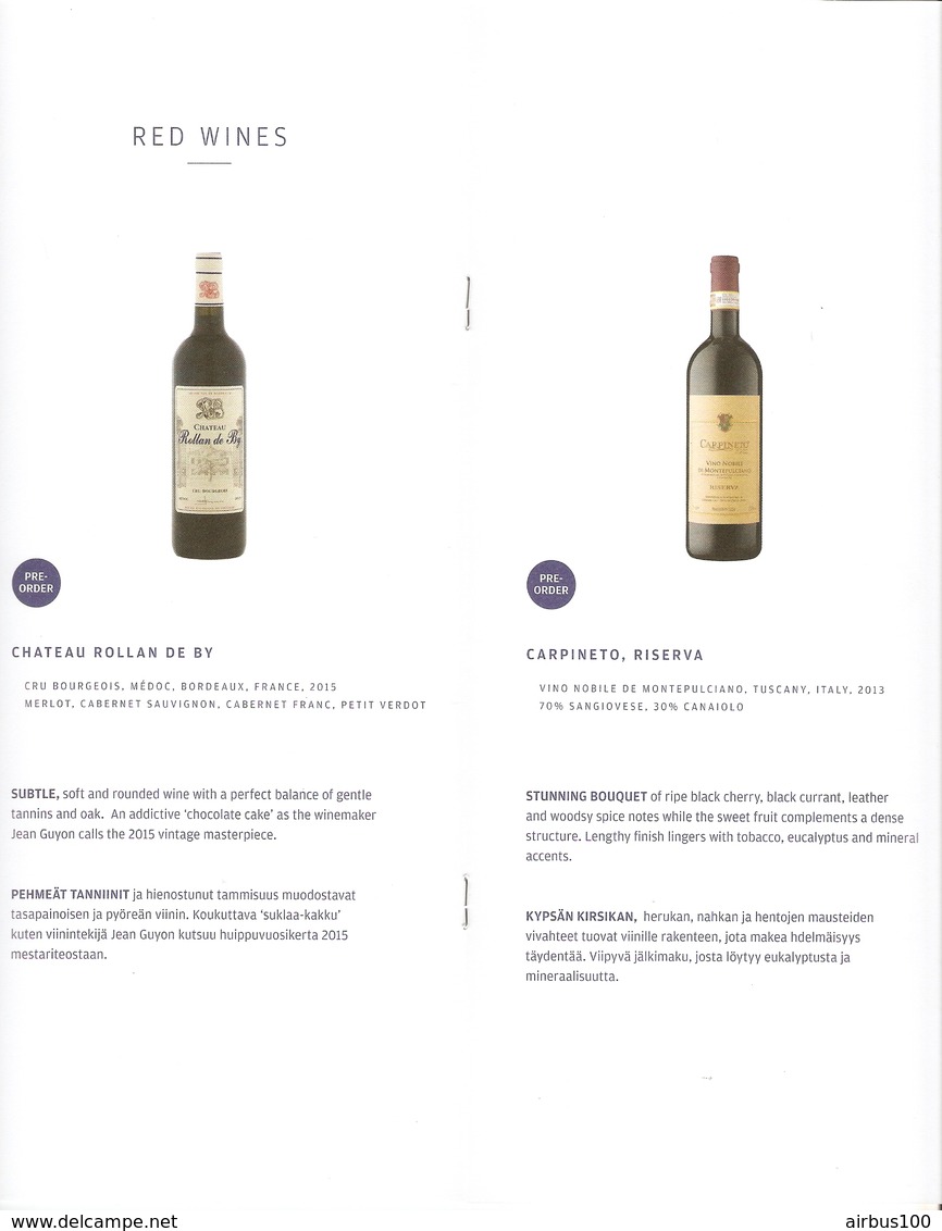 MENU FINNAIR BUSINESS CLASS BEVERAGES CARTE Des VINS WINE - 16 PAGES VOL HONG KONG HELSINKI AIRBUS 350 900 JUILLET 2019 - Menú